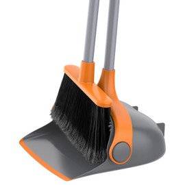 MR.SIGA Broom and Dustpan Set with Long Handle, Stand Upright Broom with Dustpan Combo for Cleaning Office, Garage, Lobby, Lightweight Sweeping Set, 51.7"(131 cm) Long Handle, Gray & Orange