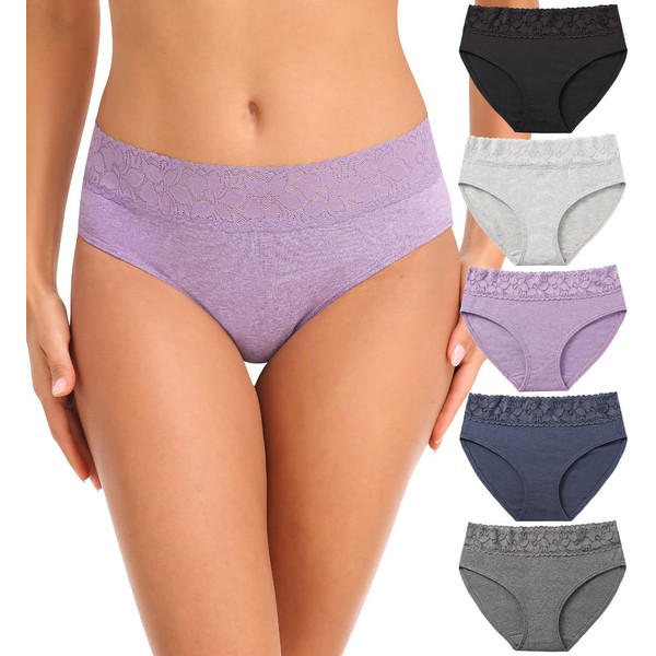 RHYFF Womens Underwear Cotton Lace Panties Soft Bikini Panty Comfortable Hipster Stretch Full Ladies Briefs 5 Pack S-XL(R3020-Purple-M)