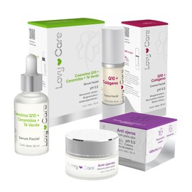 LOVY CARE Kit de Cuidado Facial Completo, 1 Sérum Coenzima Q10, Ceramidas y Té Verde  1 Crema Hidratante con Colágeno  1 Sérum Antiojeras con Cafeína 