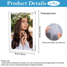 Tobeelec 6 Pack Acrylic Fridge Magnetic Picture Frames, 3.15x4.72 Inch Magnetic Clear Photo Frames Fit 3x5 and 4x6 Picture for Refrigerator/Locker/Metal Wall (12 Panels