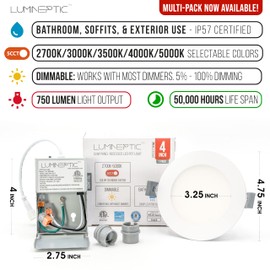 LUMINEPTIC 4 Inch White 9W 5CCT Selectable Color 750LM Dimmable Ultra-Slim Recessed LED Pot Light,Bathroom & Damp Location-2700k,3000k,3500k,4000k,5000k-CRI 80+,ETL,CSA,Energy Star & IC Rated