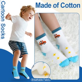 GENTABY 12 Pairs Boys Crew Socks Kids Toddlers Socks Organic Cotton Design of Cartoon and Striped Patterns Cosy Breathable Multiple Colors for 1-3 Years