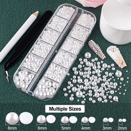 2700 PCS of 2 Boxes Flat Back Pearls Kits Half Round White+Beige Pearls with Quick Dry Makeup Glue+Picker Pencil+Tweezer for Nail Art and Face Eye Body Make-up