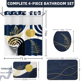 Navy Blue Bathroom Sets with Hookless Shower Curtain and Rugs Dark Blue Mid Century Modern No Hook Shower Curtain and Liner Set, 4 Piece with Bath Mat and Toilet Lid Cover