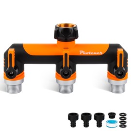 Photener 3 Way Hose Splitter - for 3/4" Outside Tap with Quick Connectors, 3 Leak-Proof Flow Valves, Frost-Proof Rubber Coating, Easy-Operate Long Handle - for Garden & Washing Machine