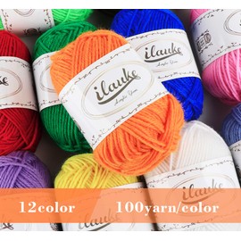 ilauke 12 x 50g Balls of Assorted Double Knitting Yarn, Colored Acrylic Yarn Set with 2 Crochet Hooks, 2 Needles, 8 Crochet Locking Stitch Markers
