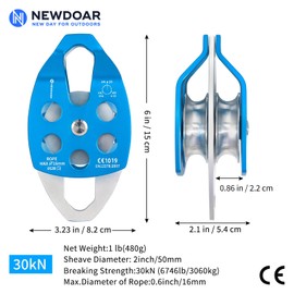NewDoar CE Certified Large Rescue Pulley 30KN Double Pulley Single/Double Sheave with Swing Plate for Rescue Hauling Arborist Tree Climbing(Double Pulley - Blue 1pcs)