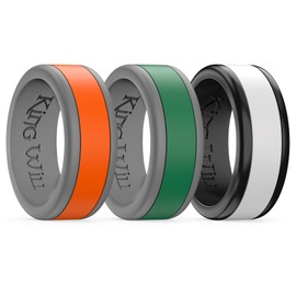 King Will Silicone Ring for Men - Comfortable and Breathable Black Gray Mens Wedding Silicone Rings with changeable Orange Green White band 3 Set Pack - 8mm Wide Rubber Wedding Bands for Men - Size 12