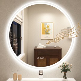 STARLEAD 28" LED-Bathroom-Mirror-with-Lights, Wall-Mounted with Bluetooth Speaker, Anti-Fog, 3 Color Temperature, Dimmable Brightness, Waterproof, Tempered Glass, Frontlit & Backlit, Round