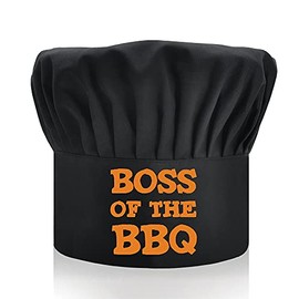 DYJYBMY Boss of The BBQ, Adult Adjustable Kitchen Cooking Hat with Elastic Band Chef Baker Cap Black, Funny BBQ Chef Hat for Men, Woman, Novelty Fathers Day Grilling Gift, 7 1/2