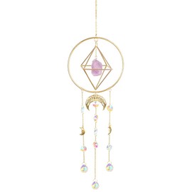 LOOGOOL Crystal Suncatcher Rainbow Maker Healing Amethyst Crystal Suncatcher with Geometric Cage Boho Home Window Wall Hanging Decor, Purple