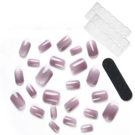 Withered Hnad Press On Nails - Semi-Transparent Glitter Short Square False Nails, Reusable Stick On Fake Nails with Glue | Salon Quality - 24 Nails Kit