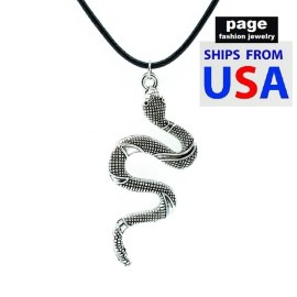 Unbranded Black Leather* 18" Cord Chain Necklace 2" Snake Charms Silver Tone Pendant