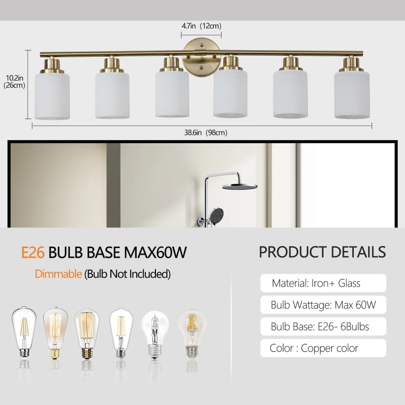 39" Modern 6-Light Vanity Wall Sconce, Golden Finish with Frosted
