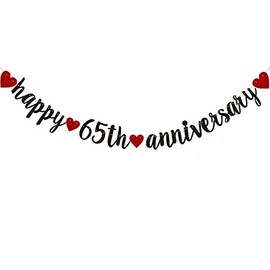Happy 65th Anniversary Banner, Pre-Strung,Black Glitter Paper Garlands for 65th Wedding Anniversary Party Decorations Supplies, No Assembly Required,Black,SUNbetterland