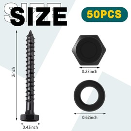 Otoolling 50 Sets 1/4" x 2" Hex Head Lag Screw Heavy Duty Lag Bolts Carbon Steel with Washers Partially Threaded Hexagon Head Wood Screws Zinc Plated Black