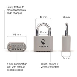 Rhino Lock Secure Lock - Combination Lock - Grey 4 Digit Combination Lock for Gym, School & Work Lockers; Suitable for Outdoor Use with Fences, Hasps, Sheds & Toolboxes