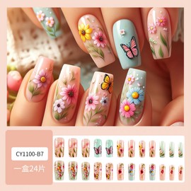 SINSEN Spring Press on Nails Medium Square Fake Nails Colorful Flower and Butterfly Design Glue on Nails Glossy Blue Pink False Nails Full Cover Floral Acrylic Nails for Women Girls Manicure, 24 Pcs