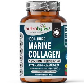 Pure Marine Collagen Capsules - 1250mg High Strength Collagen Supplement - Type 1 Hydrolysed Collagen Peptides - 180 Collagen Capsules - 3 Months Supply - Collagen Supplements for Women & Men