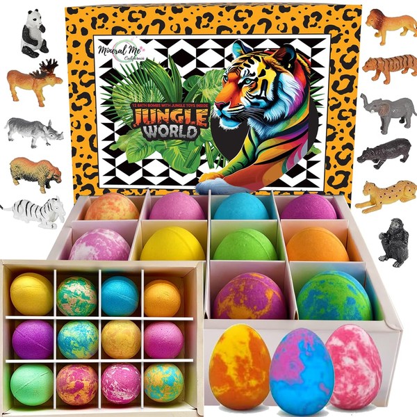 Bath Bombs for Kids with Surprise Inside, Kids Bath Bombs with Jungle Toys Inside, 12-Pack Organic Bath Bombs for Boys, Skin-Moisturizing Bubble Bath with Magic Bathbombs, Birthday Gifts for Boys