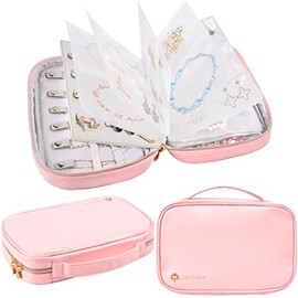 Jewelry Travel Organizer Case, Leather Jewelry Bag Pouch for Necklace Bracelet Ring, Clear Earring Storage Book, Transparent Booklet with PVC Pocket for Women, Portable Jewelry Accessories Box