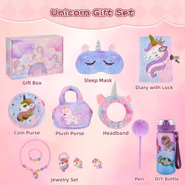 CYZAM Unicorns Gifts for Girls Kids Toys 6 7 8 9 10 Years Old with Water Bottle, Bag, Purse, Plush Diary, Eye Mask, Headband, Pen, Jewelry Set, Teen Girl Birthday Christmas Unicorn Toy