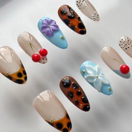 Luxury Press on Nails Short Almond Handmade 3D Unique Reusable ABS Material Fake Nails French Tip False Nails with Designs Flower Cherry Leopard Print Glossy Glue on Nail Thick Acrylic Nail(M)