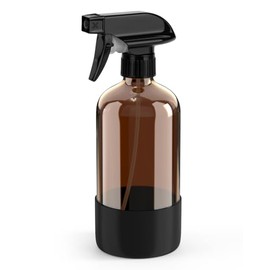Amber Glass Spray Bottle with Silicone Sleeve Protection, 16 oz Refillable Spray Bottle for Cleaning Solutions, Plants, Aromatherapy, Facial Hydration (Black Sleeve(Amber Bottle)