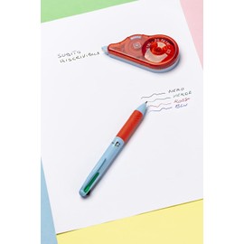 OSAMA - Set Cancelleria con Bianchetto a Nastro, 20 METRI + Penna a Sfera 4 Colori 4 Multi, Kit Cartoleria e Cancelleria Scuola e Ufficio con Correttore a Nastro e Penna Multicolore, Azzurro/Rosso