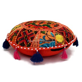 DK Homewares Traditional Cotton Floor Cushion Cover 45 x 45 cm Oriental Floor Cushion Bohemian Orange Patchwork Embroidered Home Decor Round Vintage Floor Cushion Cover - 18 x 18 Inches