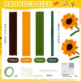 300 Pcs Pipe Cleaners, Pipe Cleaner Sunflowers Craft Kit, Fluffy Chenille Stems for DIY Flowers, Pipecleaners Craft for Wedding Graduation Mother's Day Christmas Gift Party Decorations