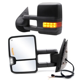 ReYee Towing Mirrors fit for 2007-2014 Chevy Silverado 1500 2500 3500 Tahoe Suburban GMC Yukon Sierra with Power Heated Turn Signal Light Arrow Signal On Glass Manual Telescoping Folding Black Cap