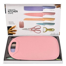 Topyond 7-Piece Wheat Straw Knife Set - Includes Chef Knife, Bread Knife, Peeling Knife, Scissors, Peeler, Cutter, and Chopping Board - Made from Eco-Friendly and Durable Wheat Straw Material