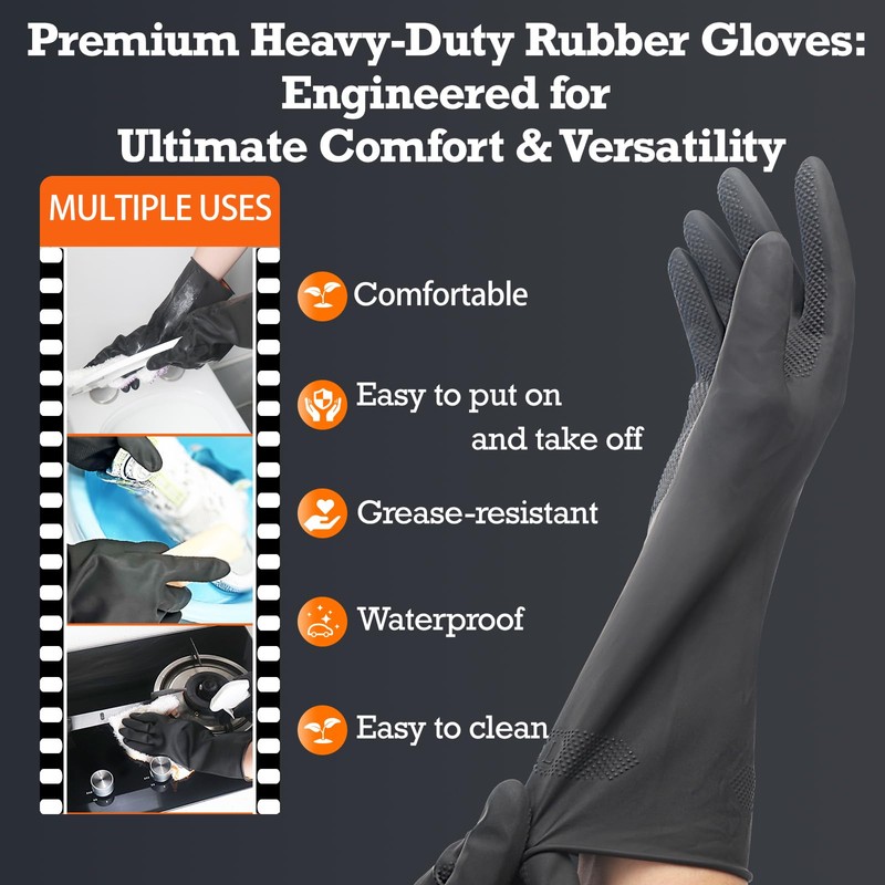 Exprosiflux Black Thick Rubber Cleaning Gloves - 2 Pairs of