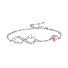 Crysdue Infinity Love Bracelets Heart CZ Birthstone Charm Link Bracelet, Birthday Christmas Mothers Day Jewelry Gift for Women Mom Girlfriend Wife Daughter Pink Silver-Tone