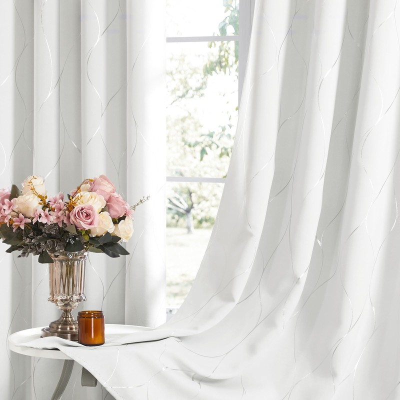 Deconovo Blackout Curtains - Silver Wave Line Print, Thermal Insulated,