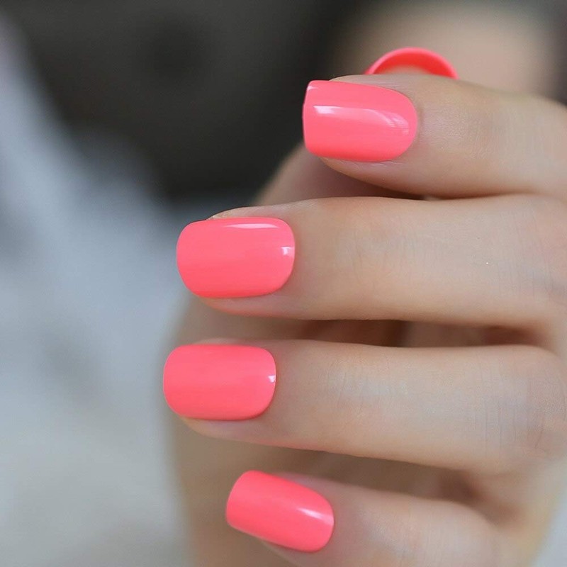 Neon Short Nails Summer Color Fake Nails Deep Pink Ladies