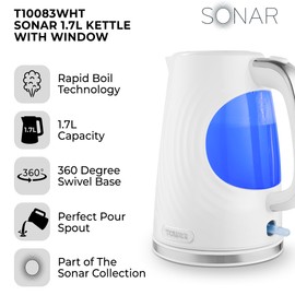 Tower T10083WHT Sonar Textured Kettle with Large Viewing Window & Blue Light, 360 Degree Base, 3000W, 1.7L, White