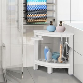 LOENIY 2-Tier Corner Shower Stool with Hooks & Soap Dish, HDPE Shower Bench for Shaving Legs, Wood-Like Shower Stool for Inside Shower with Non-Slip Foot Pads, Waterproof Shower Foot Rest (White)