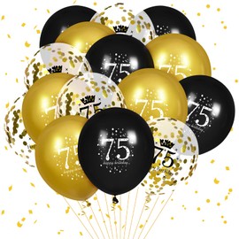 RUMIA 75th Birthday Balloons for Men, 15 Pcs Black Gold Happy 75th Birthday Balloons, Black Gold 75th Birthday Party Decorations Balloons for Men Women 75th Birthday Decor