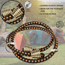 ATE Pro. Tools USA - 72" Inch Industrial Bungee Cord 12 Pack - Super Heavy Duty, Strong Metal Hooks, Bungee Straps for Bikes, Camping, Outdoor, Tie Downs, Weatherproof, Durable Elastic, Secure Cargo
