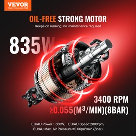 VEVOR Air Compressor, 2 Gallon Steel Tank, 1HP 2.1 CFM @ 90PSI Oil Free Air Compressor & Max. 120PSI Pressure, 81dB Ultra Quiet Portable Compressor, for Auto Repair, Tire Inflation, Spray Painting