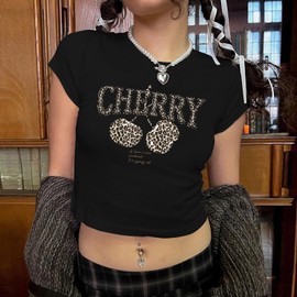 Cayxatiu Cherry Tshirt Baby Tee for Women Y2k Cute Cherries Shirt Vintage Graphic Crop Tees Leopard Print Aesthetic Tops(Black,XL)