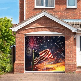 Leyiyi 7x8ft American Flag Garage Door Decorations Banner Fireworks Patriotic 4th of July Garage Door Cover Independence Day Garage Door Banner for Memorial Veterans Day Party Decoration Banner