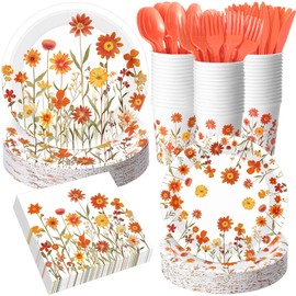 Sunnychicc 400 Pcs Fall Floral Disposable Paper Plates Napkins Cups Serve 50 Watercolor Wildflower Tableware Set for Autumn Thanksgiving Harvest Wedding Tea Party Decoration Bridal Shower Baby Shower