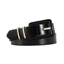 RISANTRY Women's Black Patent Leather Belt Square Buckle with Gold Accents Waist Belts For Jeans Dress