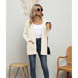 Yommay Cardigan for Women Loose Casual Lightweight Ladies Long Sleeve V-Neck Knitted Sweaters with Pockets,Beige,Medium