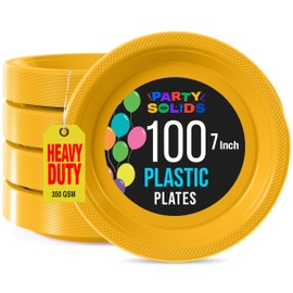 Exquisite Party Solids Yellow Plastic Plates For Party 7" Yellow Disposable Plates Heavy Duty 100 Pcs Plastic Dinnerware Sets Heavy Duty 350 GSM Disposable Dinnerware Set