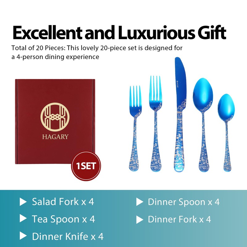 Blue Wave Cutlery Set 20 Pieces Stainless Steel Flatware Set