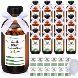 Uiifan 12 Pack Amber Glass Bottles with Caps and 12 Pcs Vanilla Extract Stickers with 1 Roll White Ribbon, Boston Round Bottles for Homemade Syrup Christmas Gift Glass Food Storage Canister (4 oz)